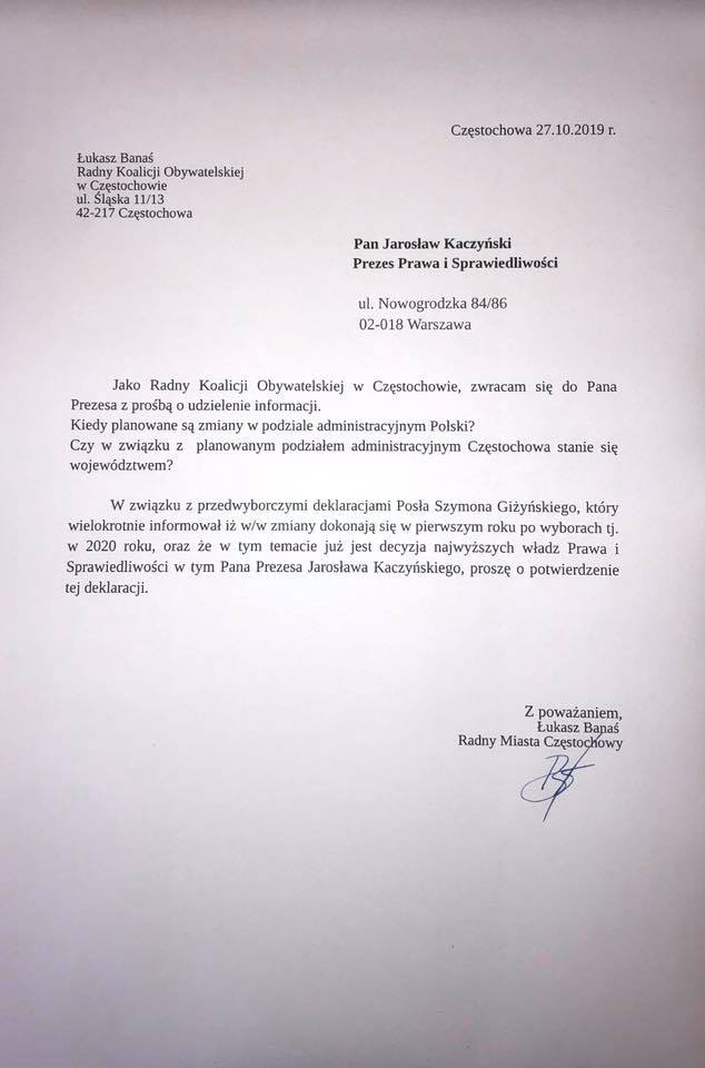 Co dalej z “Województwem Częstochowskim”?… pytam Prezesa Kaczyńskiego.
